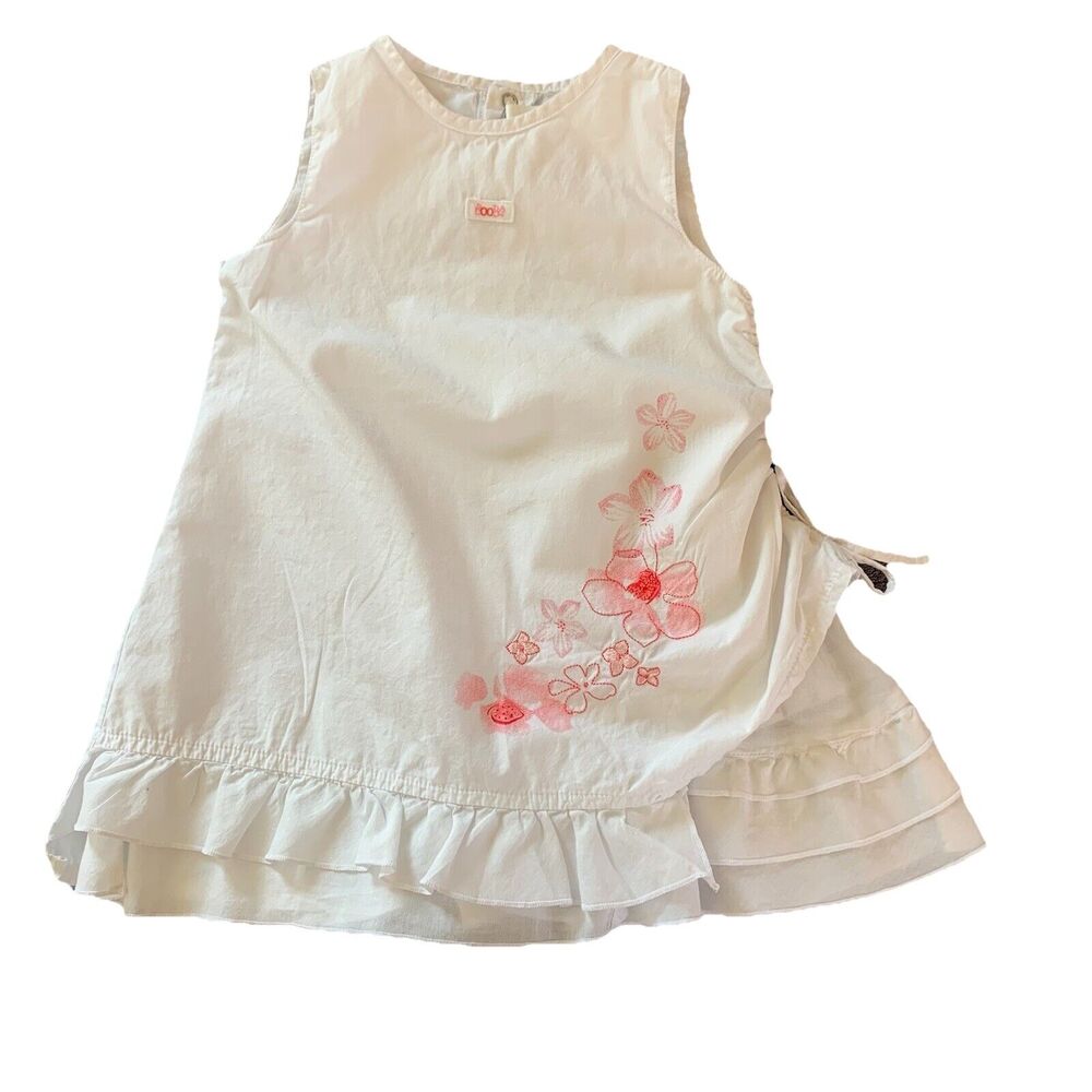 Jean Bourget White Sleeveless Cotton Dress Pink Embroidered Flowers Size 18 Mo.